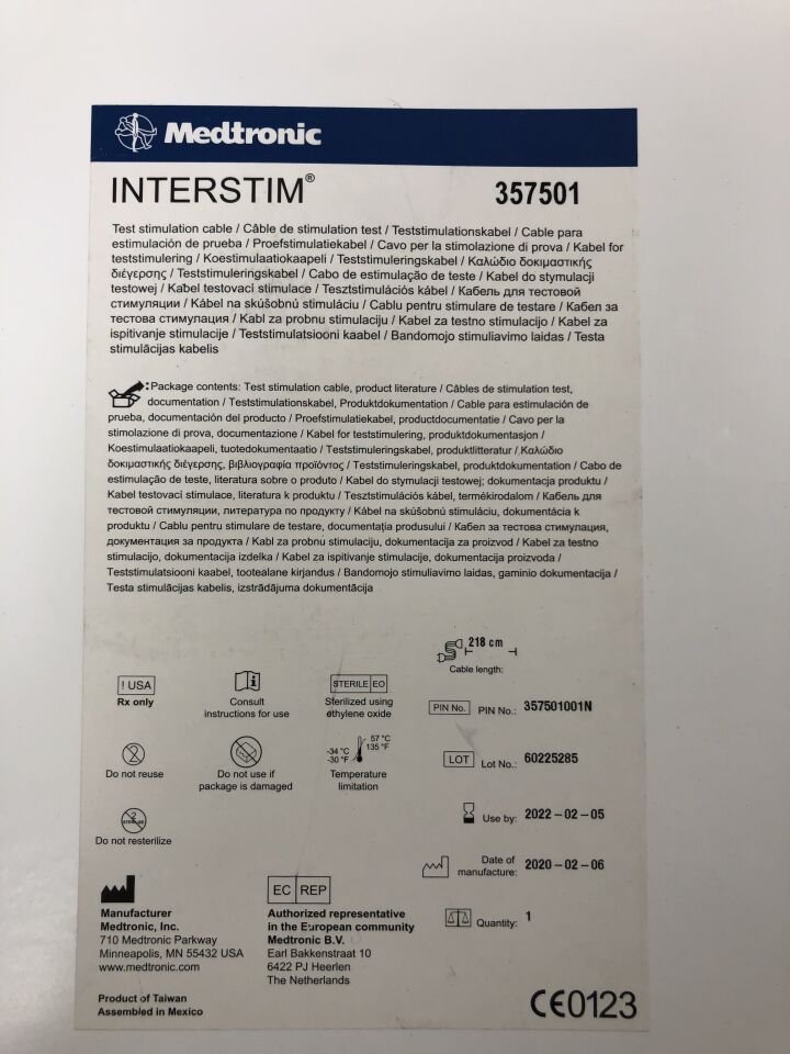357501 - MEDTRONIC - INTERSTIM Test Stimulation Cable Length, 218cm, (BX/1) - ( Expiry Date: 2022-02-05 )