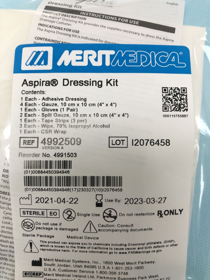 4992509 - MERIT - Aspira Dressing Kit, Contains Adhesive Bandage, 10cm X 10cm Gauze, Gloves, 10cm X 10cm Split Gauze, (EA) - ( Expiry Date: 2023-03-27 )