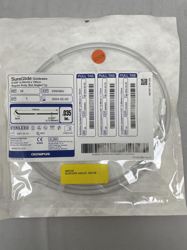 36 - OLYMPUS - SureGlide Guidewire - Regular Body, Angled Tip - .035" x 150cm x 3cm, (EA) - ( Expiry Date: 2024-02-03 )