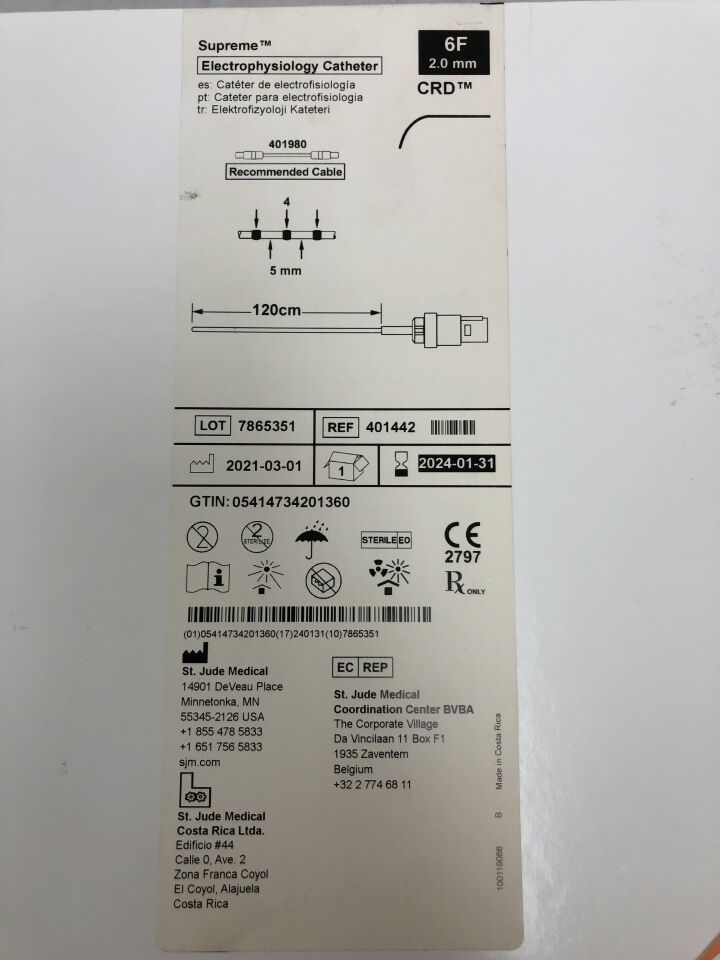 401442 - ST JUDE - Supreme Electrophysiology Catheter, 6F, 120cm length, (BX/1) - ( Expiry Date: 2024-01-31 )