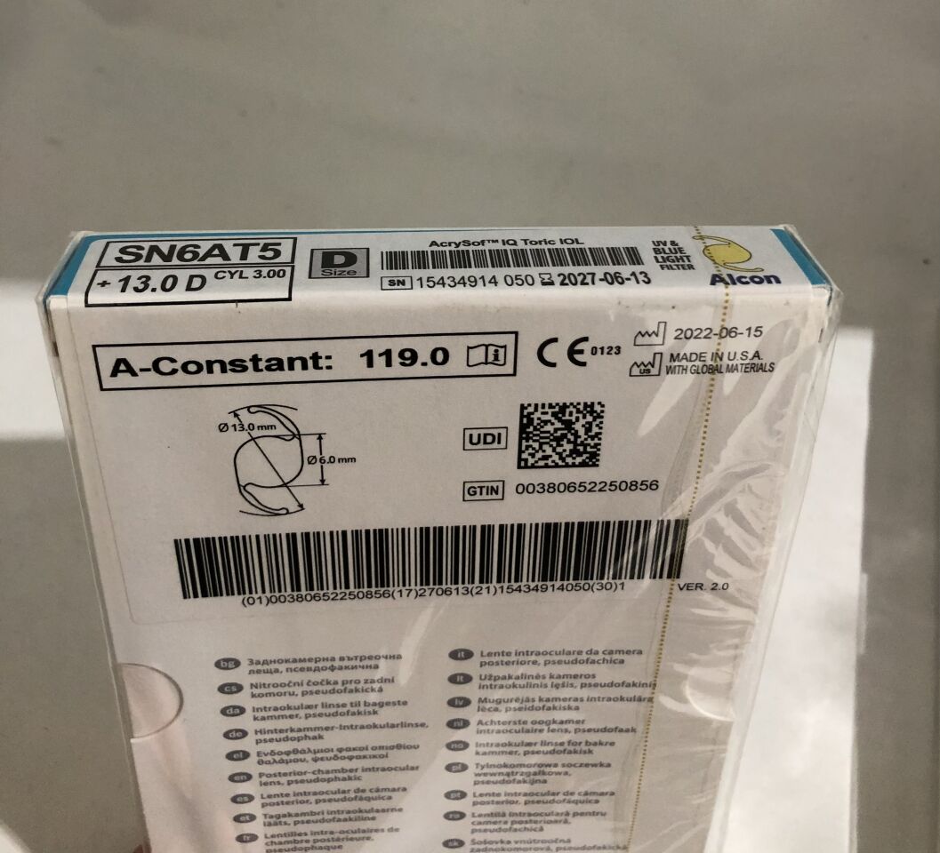 SN6AT5130 - ALCON - Lente intraocular AcrySof IQ, +13.0D, CIL. 3.00, Tamaño D, Constante A 119.0, 13.0 mm x 6.0 mm, (Caja/1) - (Fecha de caducidad: 13/06/2027)