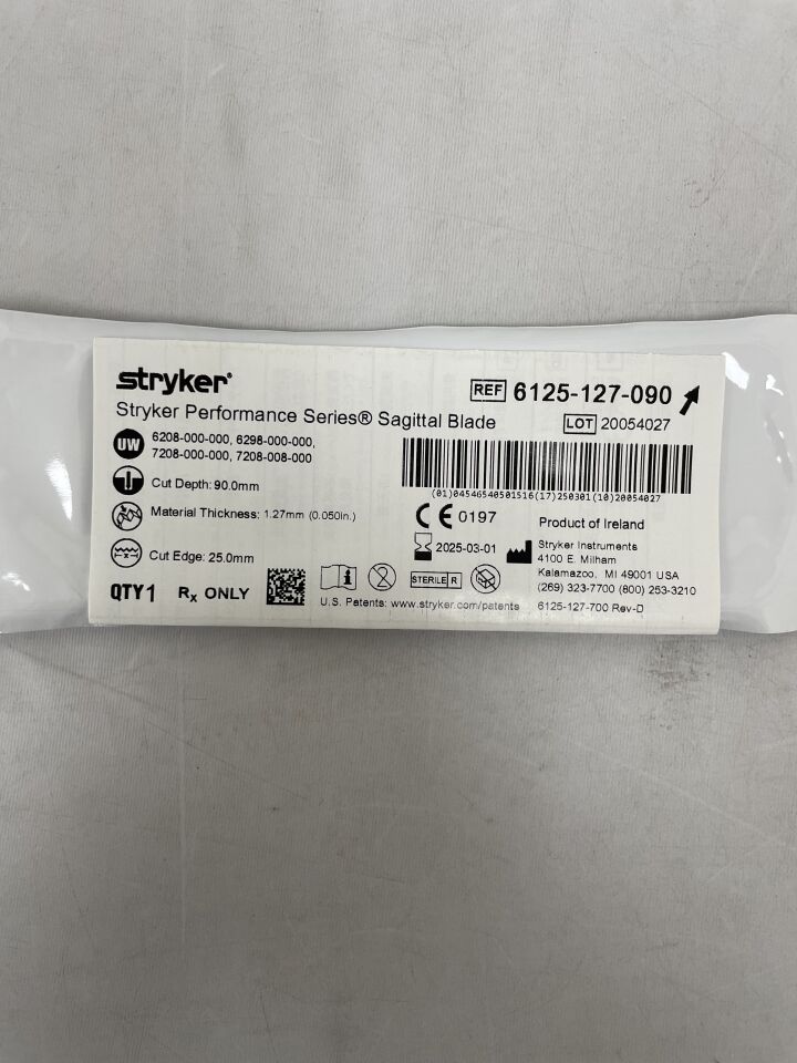 6125-127-090  -  STRYKER  -  Sagittal Saw Blade, 90 L x 25 mm W, 1.27 mm Cut Thickness , ( EA )  -  ( Expiry Date : 2025-03-01 )
