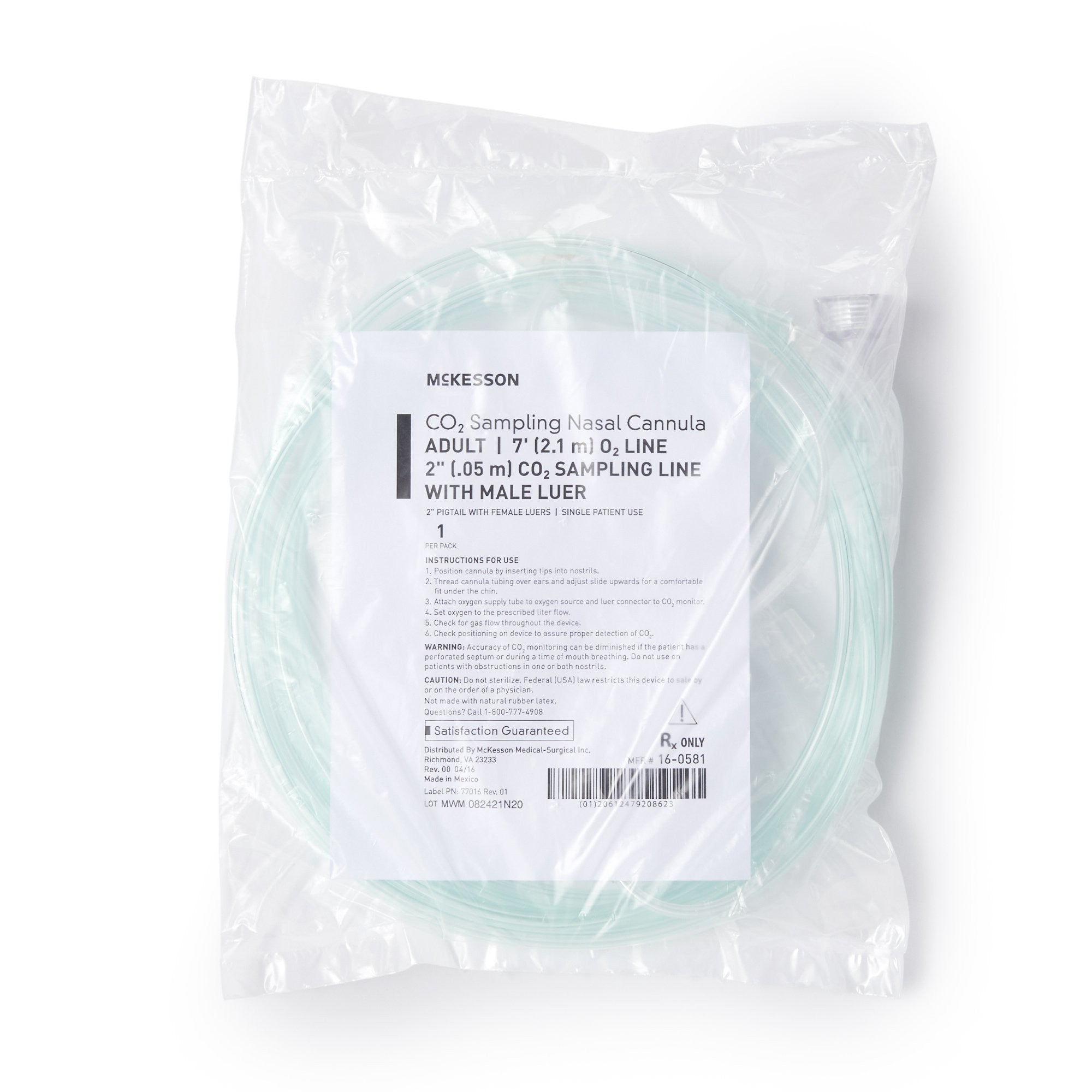 1000819 - McKesson - McKesson ETCO2 Nasal Cannula Adult Curved Prong / NonFlared Tip 7 Foot Tubing, 16-0581, Pack of 1, (EA)