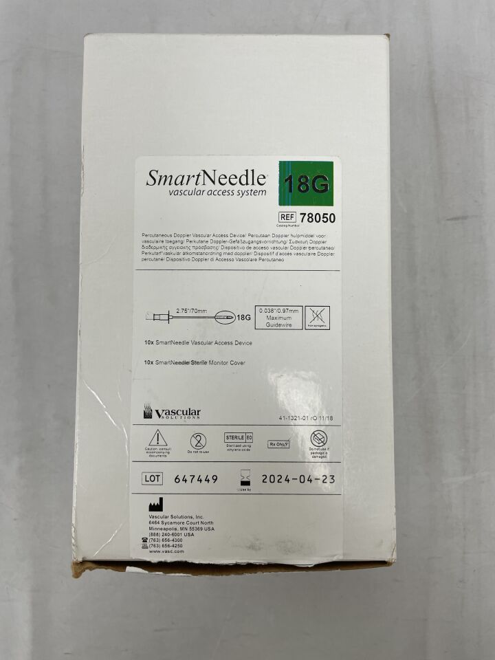 78050 - VASCULAR SOLUTIONS - SmartNeedle Vascular Access System 18G x 2.75" Bare Tip Needle, (BX/10) - ( Expiry Date: 2024-04-23 )