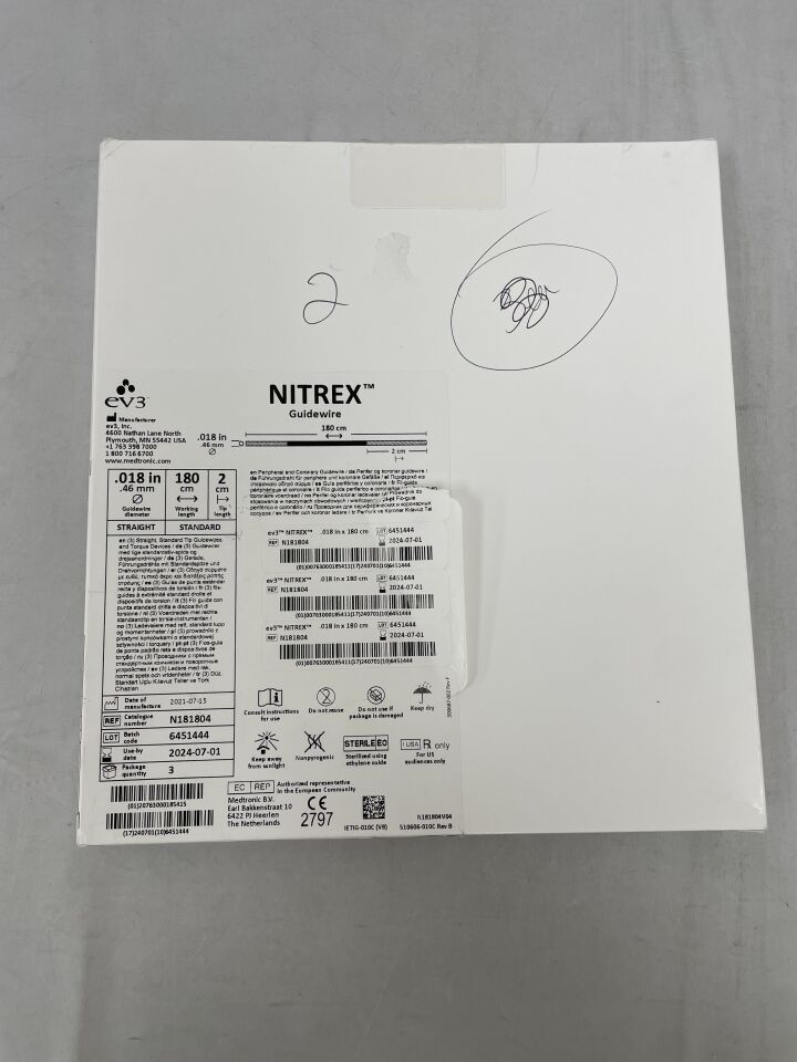 N181804 - EV3 - nitrex guidewire: 0.018" x 180cm, straight, (BX/3) - ( Expiry Date: 2024-07-01 )