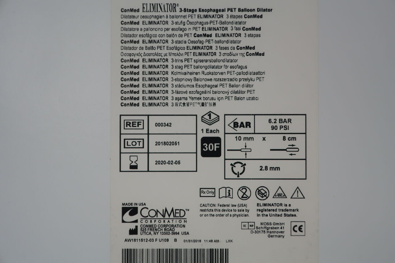 342 - CONMED - ELIMINATOR 3-Stage Esophageal PET Balloon Dilator, 10 mm x 8 cm, 30F, (EA) - ( Expiry Date: 2024-05-22 )