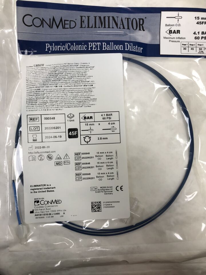 848 - CONMED - ELIMINATOR 3-Stage Pyloric/Colonic PET Balloon Dilator, 15mm x 8cm, 45F, (EA) - ( Expiry Date: 2024-06-19 )