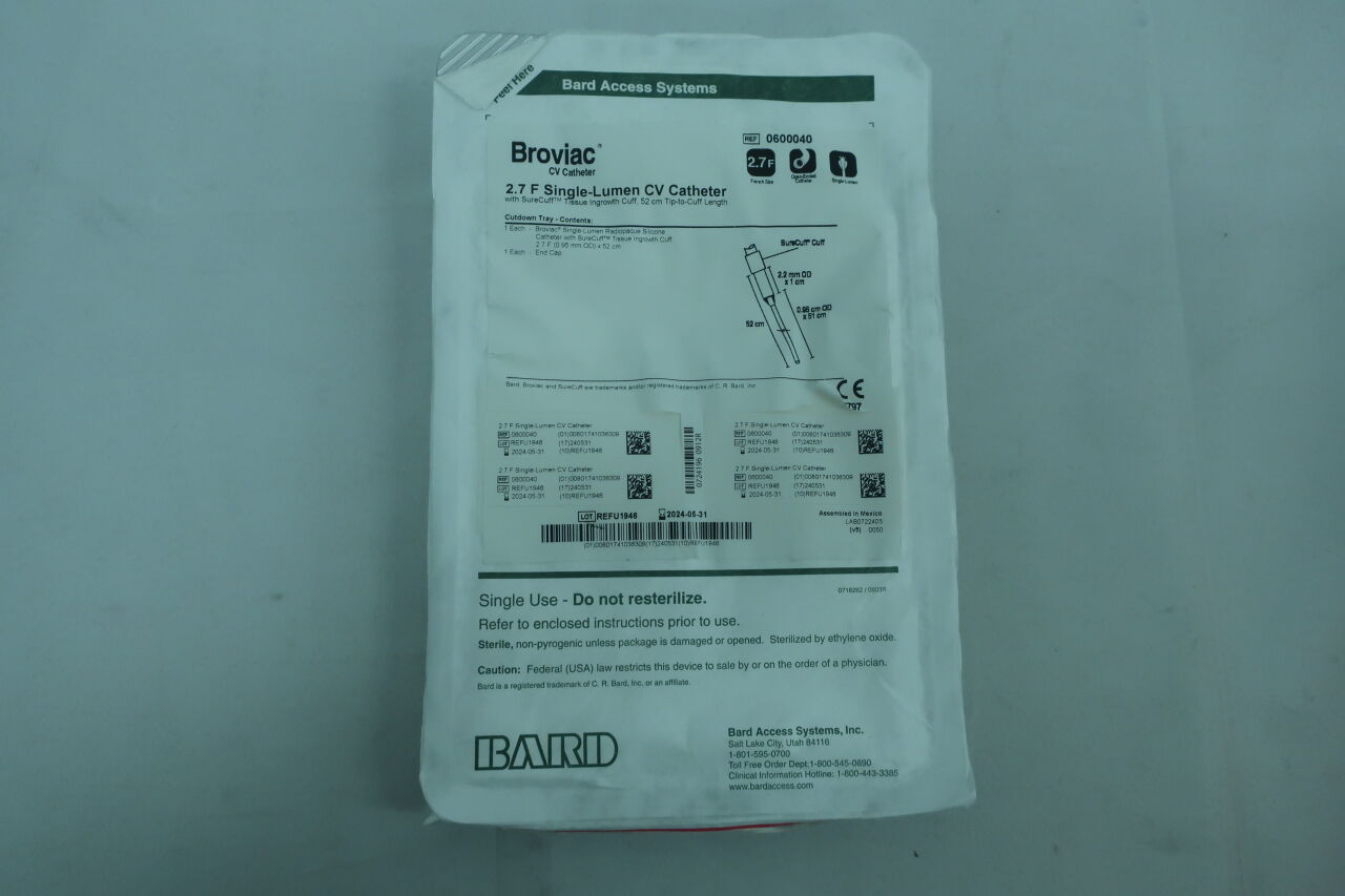 600040 - BARD - Broviac CV Catheter, 2.7F Single-Lumen CV Catheter with SureCuff Tissue Ingrowth Cuff, 52cm Tip-to-Cuff Length, Cutdown Tray, (EA) - ( Expiry Date: 2024-05-31 )