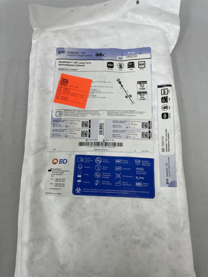 5303120 - BARD - GlidePath LT Hemodialysis Catheter, Straight, Polyurethane, Standard, AirGuard 10F x 12/15cm, (EA) - ( Expiry Date: 2023-11-30 )