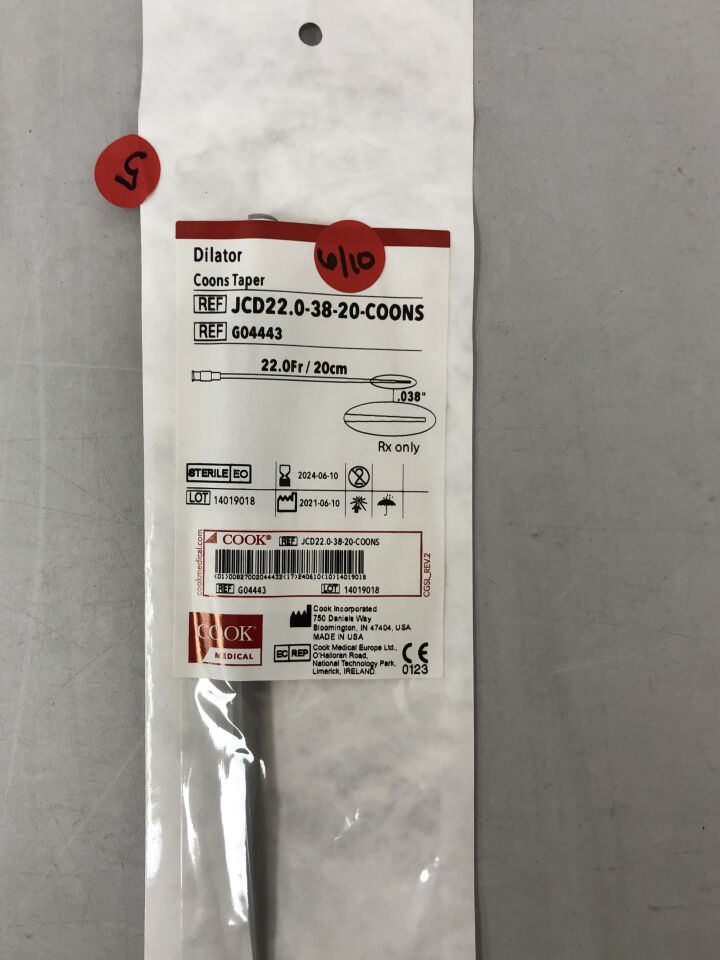 G04443 - COOK - Dilator, Coons Taper, 22Fr/20cm, 0.038", (EA) - ( Expiry Date: 2024-06-10 )