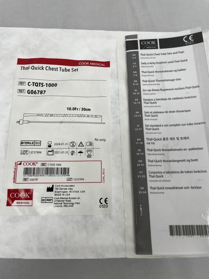 G06787 - COOK - Thal-Quick Chest Tube Set, 10.0Fr, 20cm, () - ( Expiry Date: 2024-07-13 )