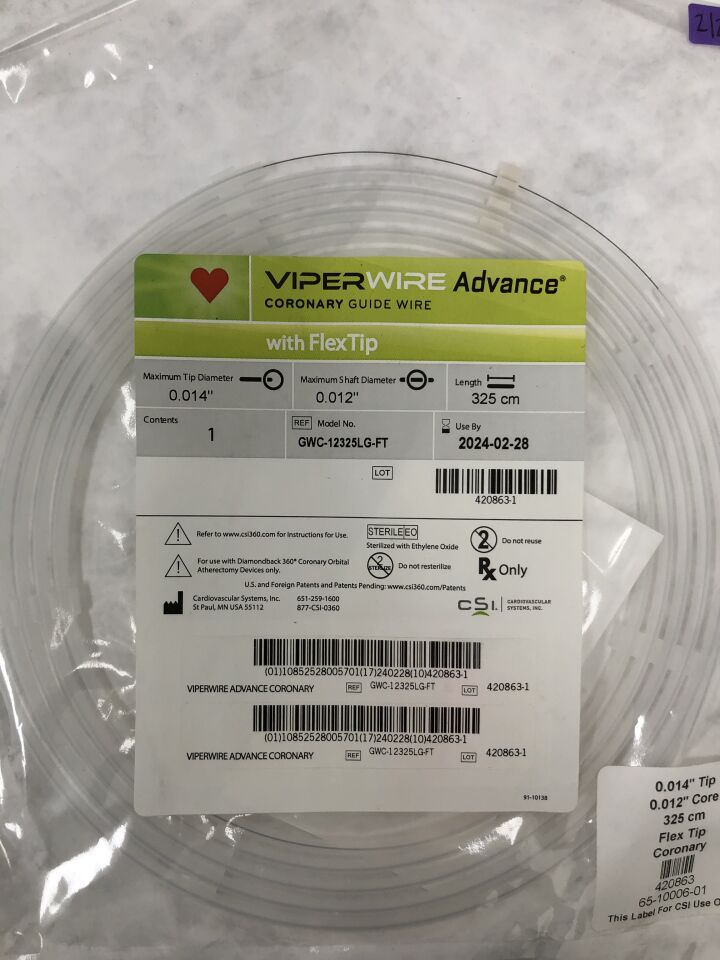 GWC-12325LG-FT - CARDIOVASCULAR SYSTEMS INC - Viperwire Advance Coronary Guidewire with FlexTip, 0.014" Max Tip Dia. x 325cm length, 0.012" Max Shaft Dia., (EA) - ( Expiry Date: 2024-02-28 )