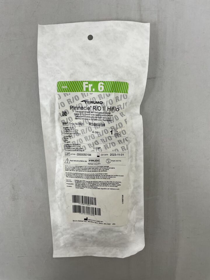 RSB605H - TERUMO - Pinnacle R/O II HiFlo Introducer Sheath 6F x 4cm without Guidewire, (EA) - ( Expiry Date: 2023-11-01 )