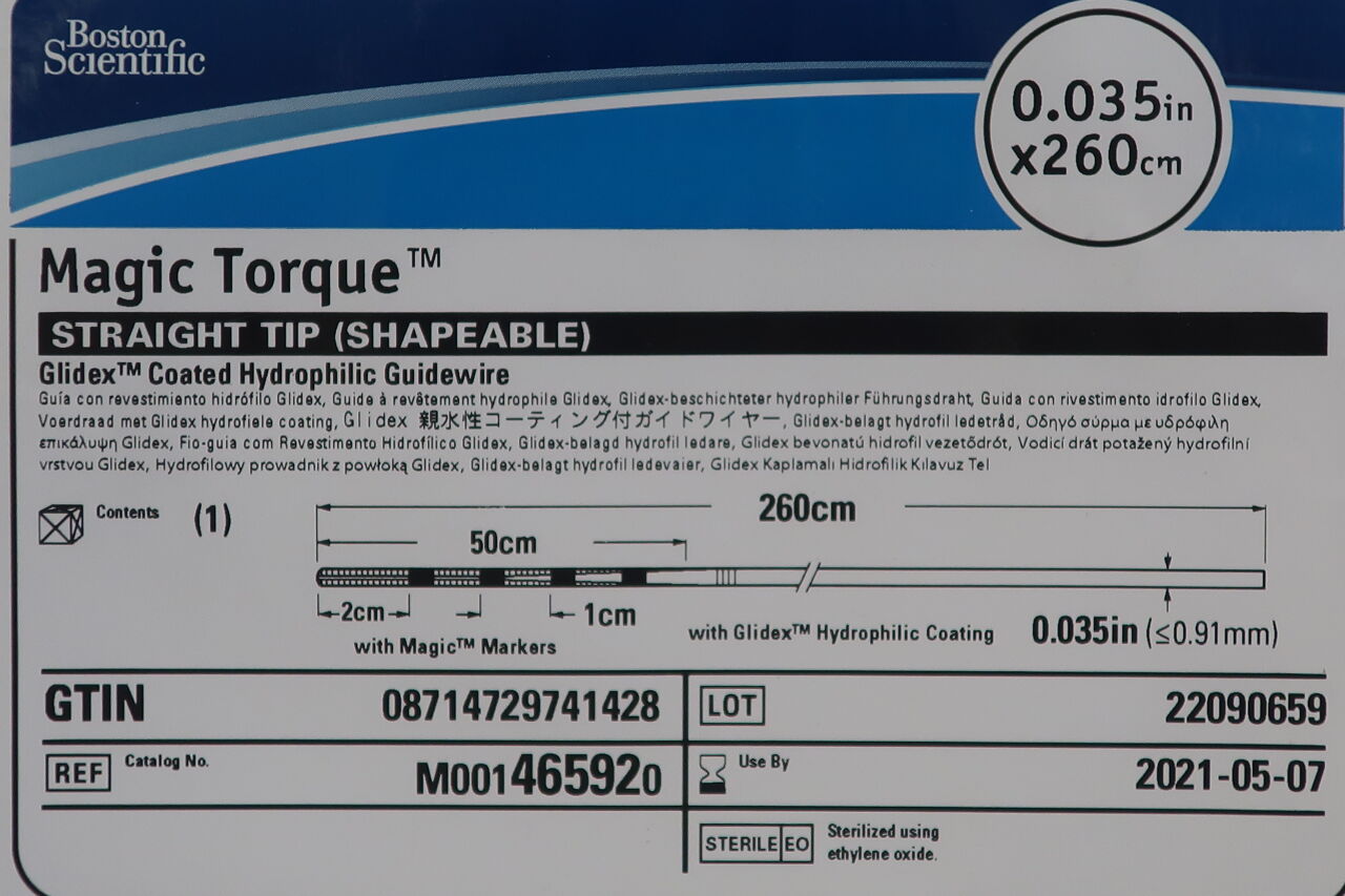 46592 - BOSTON SCIENTIFIC - Magic Torque Glidex Coated Hydrophilic Guidewire, Straight Tip (Shapeable), 0.035" x 260cm Length, (EA) - ( Expiry Date: 2023-12-15 )