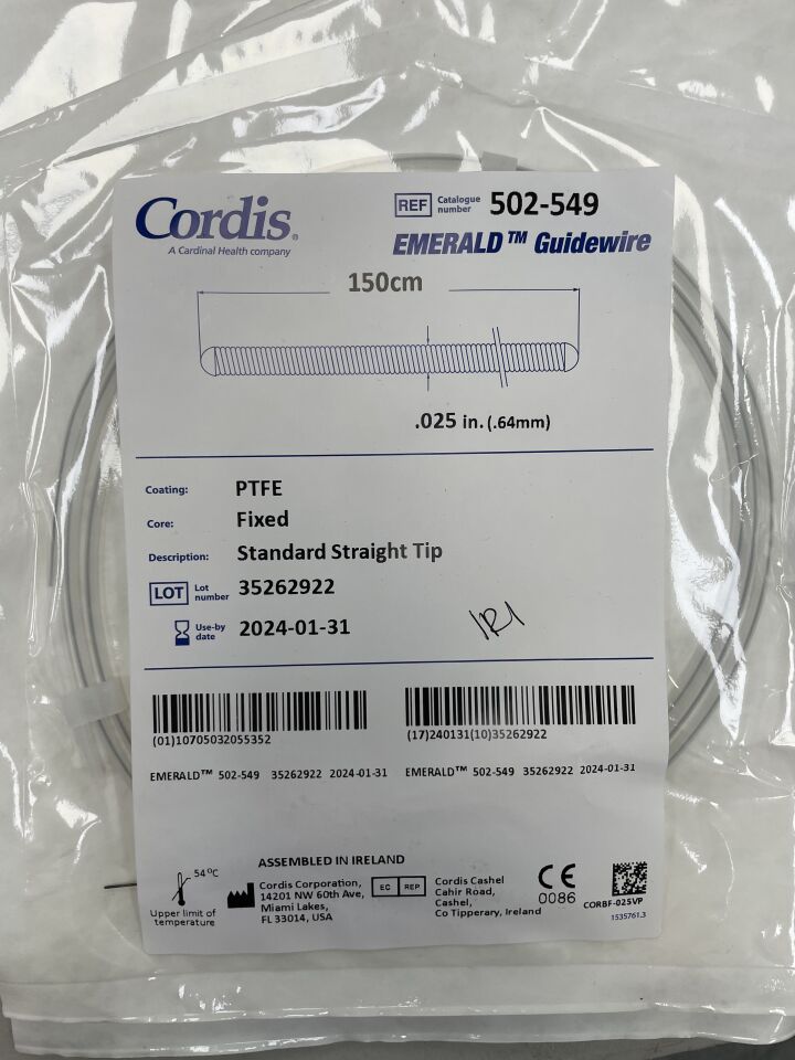 502-549 - CORDIS - EMERALD GUIDEWIRE, FIXED CORE, Standard Straight Tip, 0.025" x 150cm, (BX/5) - ( Expiry Date: 2024-01-31 )