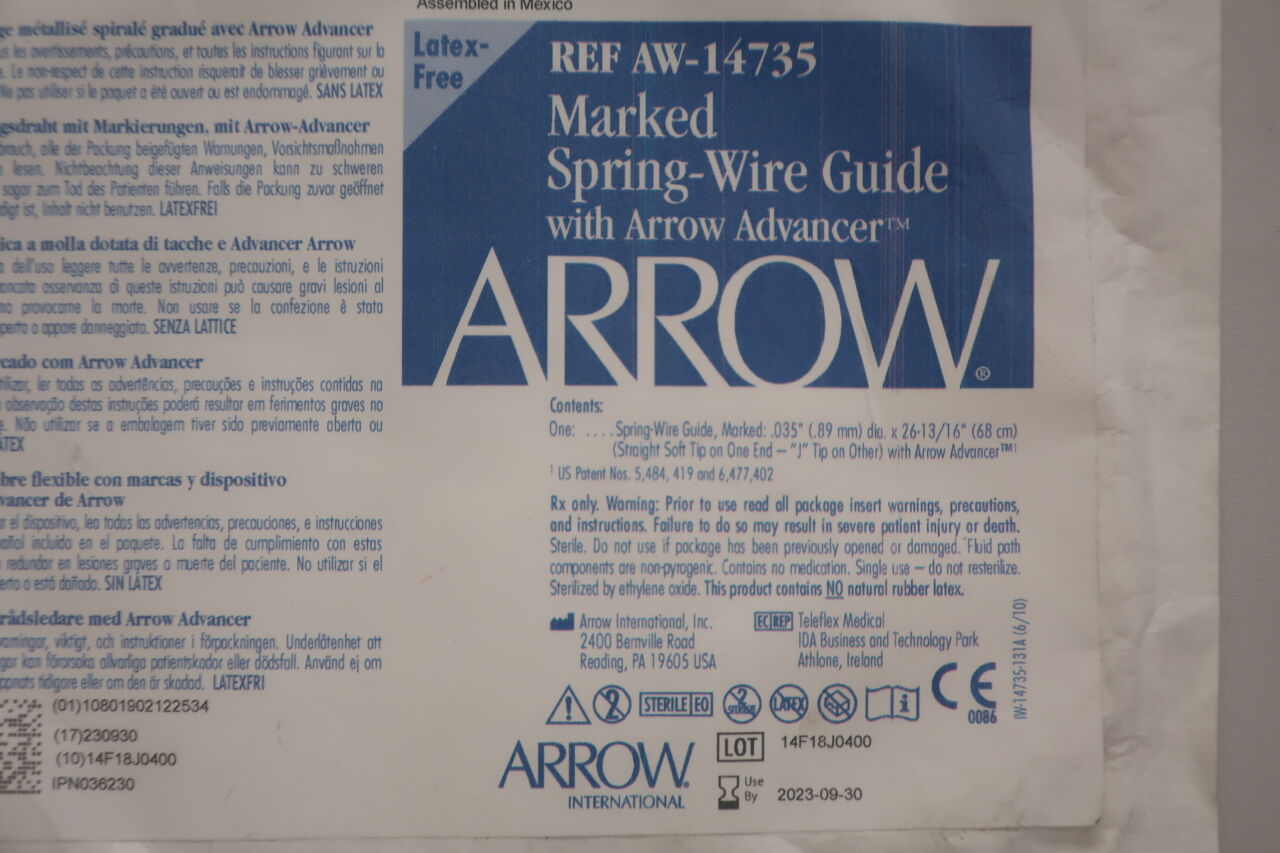 AW-14735 - TELEFLEX - Arrow Marked Spring-Wire Guide with Arrow Advancer, 0.035" x 68cm, (EA) - ( Expiry Date: 2024-08-31 )