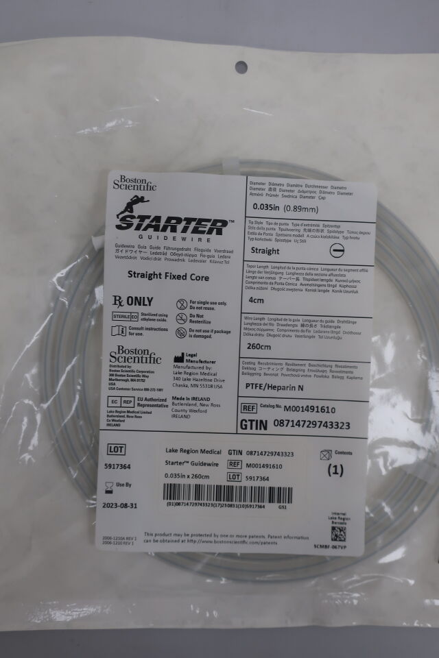 49161 - BOSTON SCIENTIFIC - Starter Guidewire, Straight Fixed Core, 0.035" diameter, 4cm taper length, 260cm wire length, PTFE/Heparin N Coating, (EA) - ( Expiry Date: 2023-09-30 )
