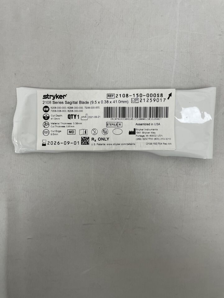 2108-150-000S8  -  STRYKER  -  2108 Series Sagittal Blade (9.5 x 0.38 x 41.0mm) , ( EA )  -  ( Expiry Date : 2026-09-01 )
