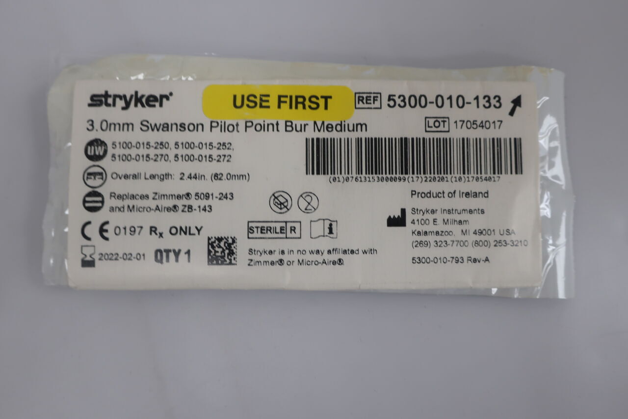 5300-010-133 - STRYKER - 3.0mm Swanson Pilot Point Bur, Medium 62mm, (EA) - ( Expiry Date: 2022-02-01 )