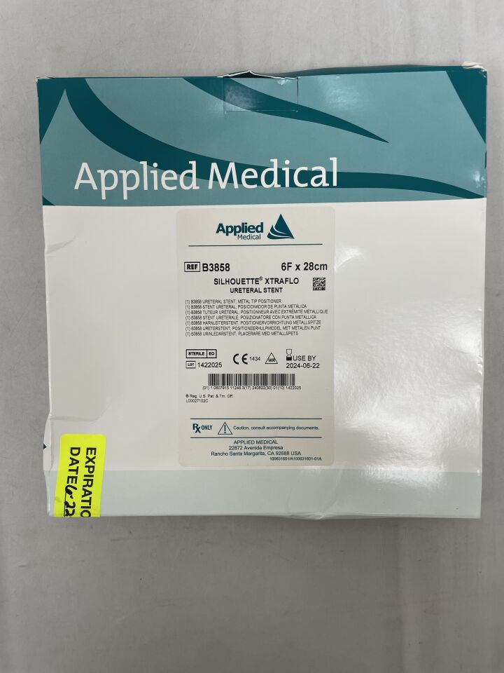 B3858 - APPLIED MEDICAL - Silhouette Xtraflo Ureteral Stent, Metal Tip Positioner, 6F x 28cm, (BX/1) - ( Expiry Date: 2024-06-22 )