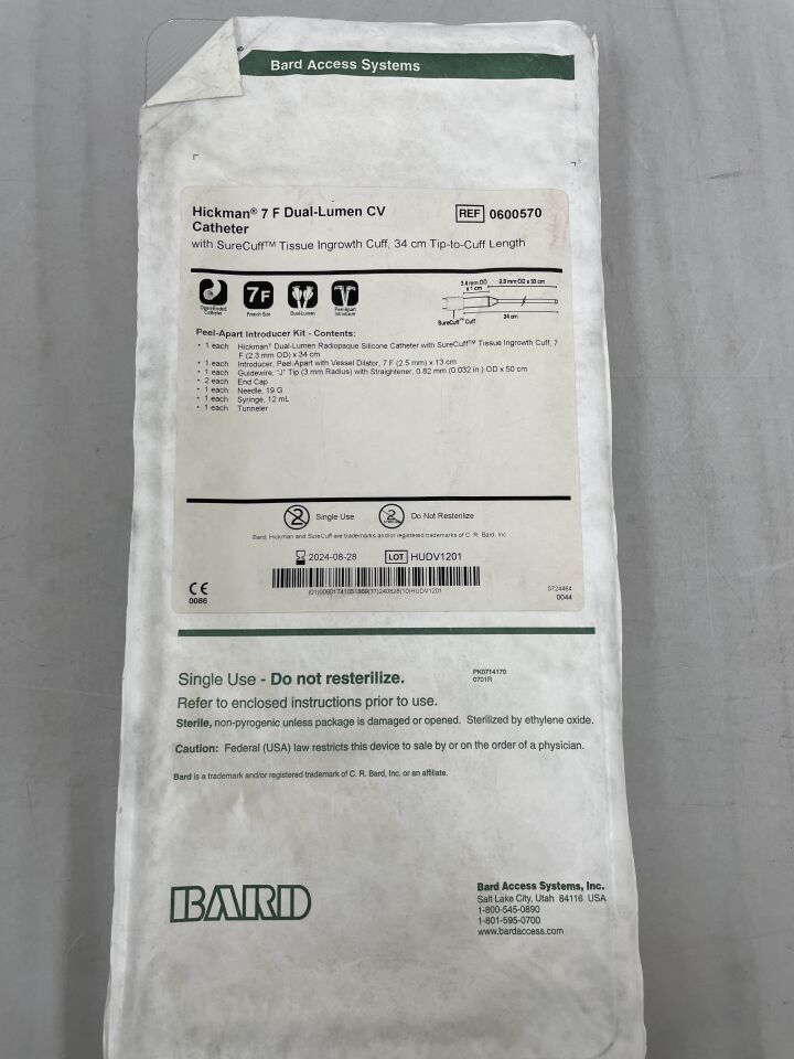 0600570 - BARD - Hickman 7F Dual-Lumen CV Catheter, Peel-Apart, (EA) - ( Expiry Date: 2024-08-28 )