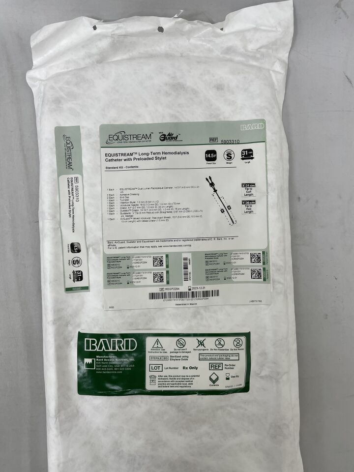 5903310 - BARD - Equistream Long Term Hemodialysis Catheter: Straight, Standard, Preloaded 14.5F x 31cm, (EA) - ( Expiry Date: 2023-12-31 )
