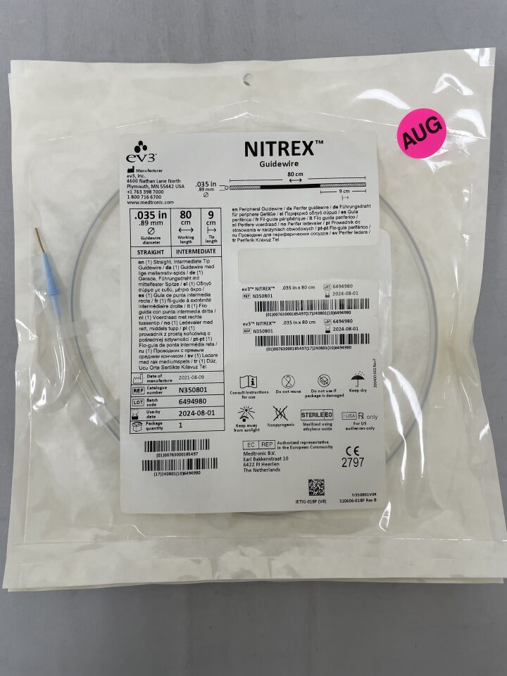 N350801 - EV3 - Nitrex Intermediate Guidewire: 0.035" x 80cm, Straight, (EA) - ( Expiry Date: 2024-08-01 )