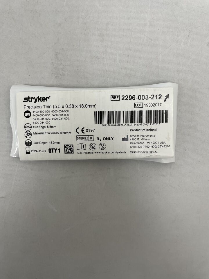 2296-003-212 - STRYKER - Precision Thin Blade, Medium, Narrow, Aggressive 18.0mm x 5.5mm, () - ( Expiry Date: 2024-06-01 )