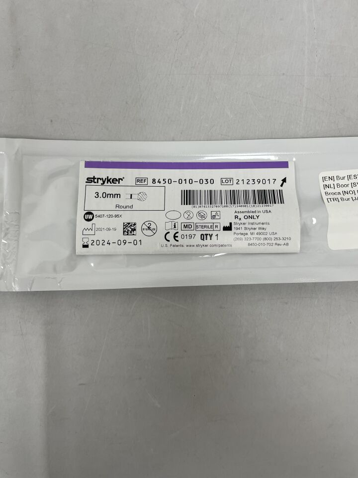 8450-010-030 - STRYKER - MIS 3.0mm Round Bur, Lilac, (EA) - ( Expiry Date: 2024-09-01 )