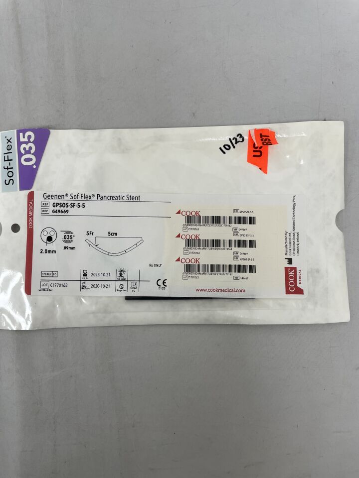 G49669 - COOK - Geenen Sof-Flex Pancreatic Stent, No Flap 5F x 5cm, (EA) - ( Expiry Date: 2023-10-21 )