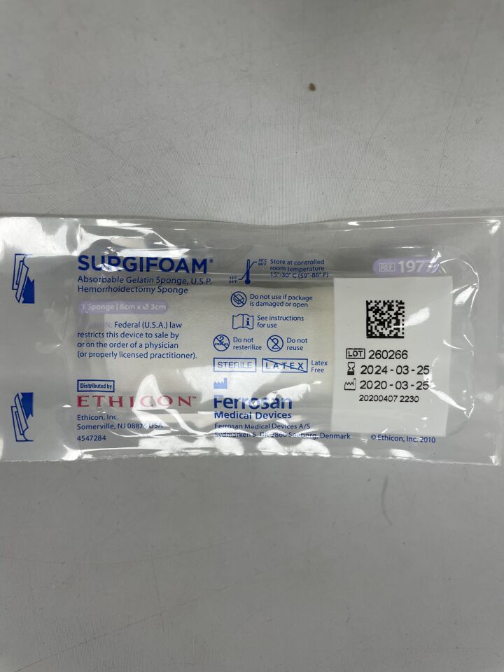 1977 - ETHICON - SURGIFOAM Absorbable Gelatin Sponge Hemorrhoidectomy Sponge 8 in x 3 in , (EA) - ( Expiry Date: 2024-03-25 )
