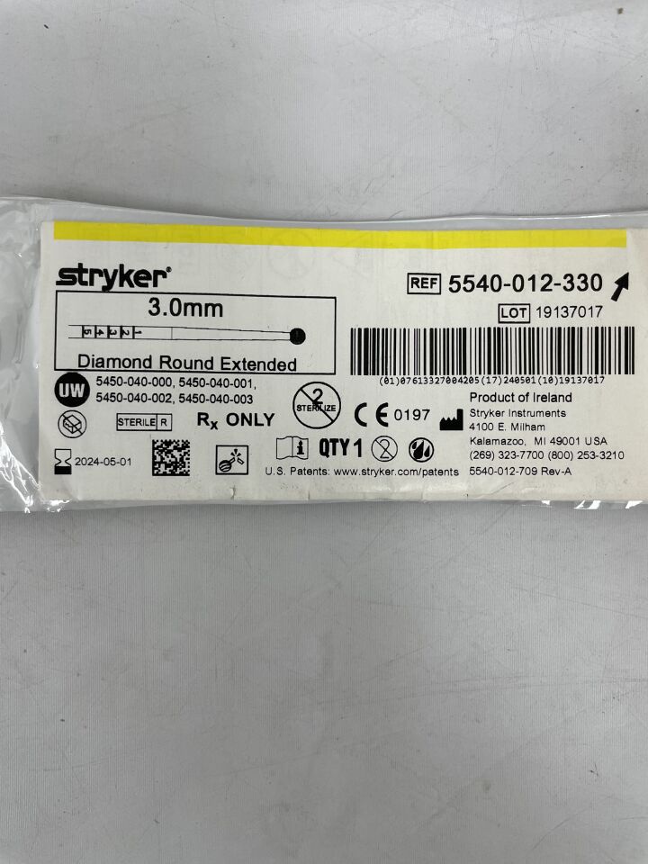 5540-012-330 - STRYKER - Extended Round Diamond Burr, 3 mm Head dia., () - ( Expiry Date: 2024-05-01 )