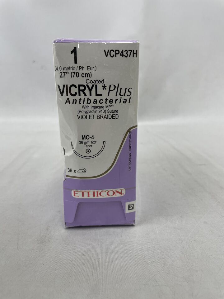 VCP437H - ETHICON - 1號，27吋長，紫色，含三氯生、聚乳酸-羥基乙酸共聚物910，編織，半圓，36毫米針長，（BX/36）-（有效期至：2025年2月28日）