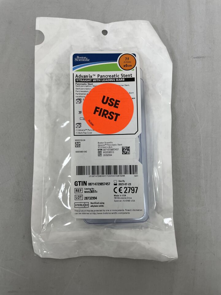 3651 - BOSTON SCIENTIFIC - Advanix Pancreatic Stent, Straight w/Leading Barb 7F x 6cm, () - ( Expiry Date: 2023-07-23 )