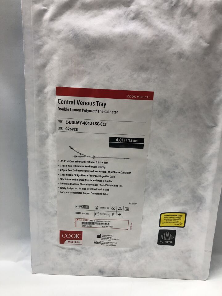 G26928 - COOK - Central Venous Tray, Double Lumen Polyurethane Catheter, 4Fr, (EA) - ( Expiry Date: 2024-07-01 )