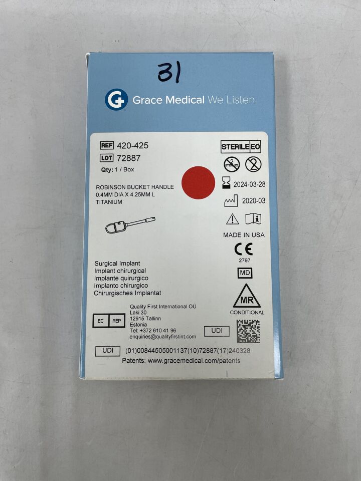 420-425 - GRACE MEDICAL - Robinson Bucket Handle .4mm x 4.25mm Titanium , (BX/1) - ( Expiry Date: 2024-03-28 )