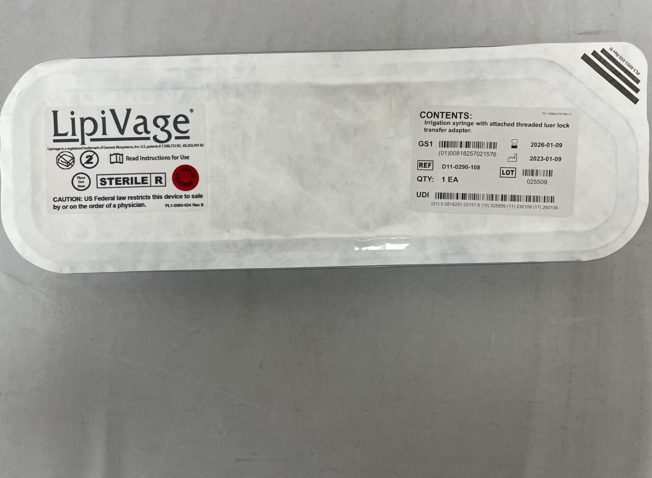 D11-0290-108 - GENESIS - Jeringa de irrigación LipiVage con adaptador roscado (unidad) - (Fecha de vencimiento: 09/01/2026)