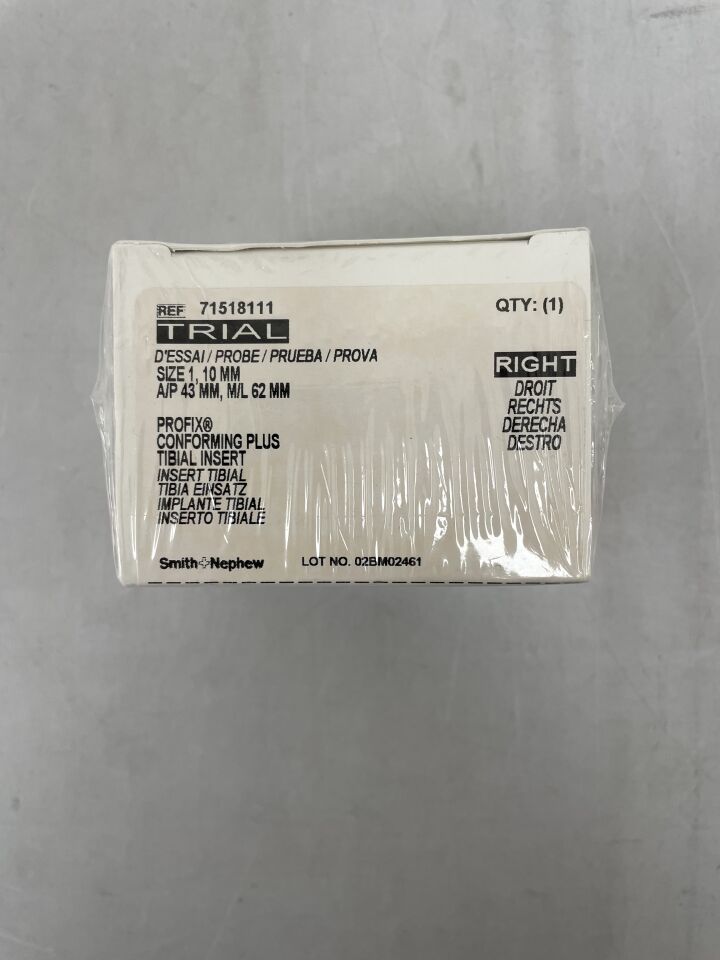 71518111 - SMITH &amp; NEPHEW - Inserto tibial TRIAL PROFIX Conforming Plus, tamaño 1, 10 mm, derecho, (BX/1) - (Fecha de caducidad: 2099-12-31)
