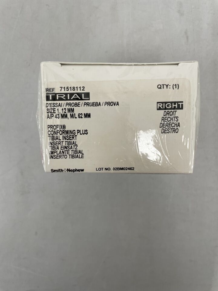71518112 - SMITH &amp; NEPHEW - Inserto tibial TRIAL PROFIX Conforming Plus, tamaño 1, 12 mm, derecho, (BX/1) - (Fecha de caducidad: 2099-12-31)