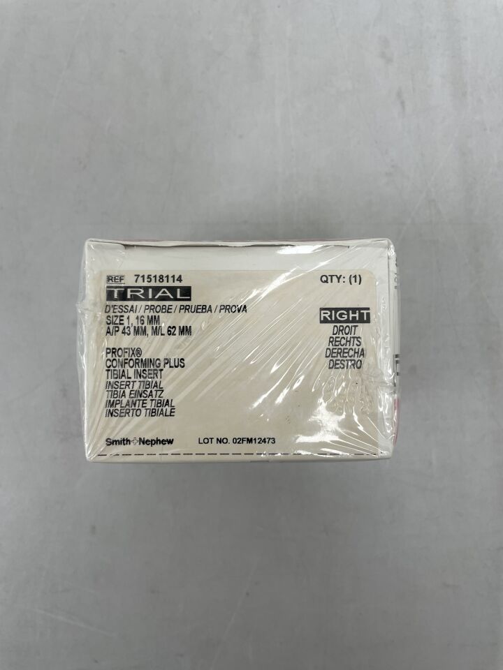 71518114 - SMITH &amp; NEPHEW - Inserto tibial TRIAL PROFIX Conforming Plus, tamaño 1, 16 mm, derecho, (BX/1) - (Fecha de caducidad: 2099-12-31)