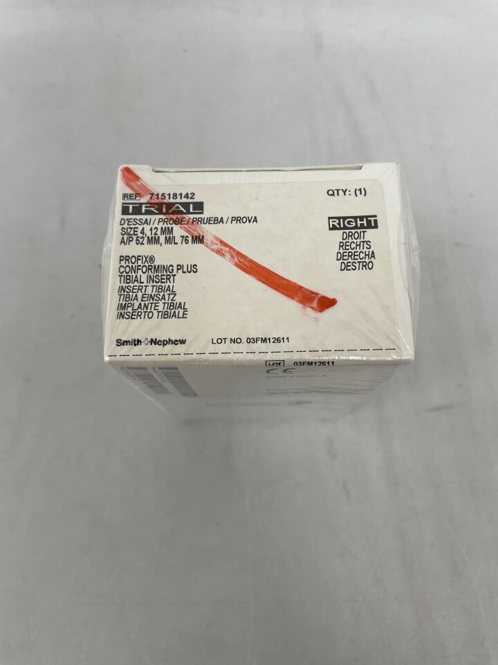 71518142 - SMITH &amp; NEPHEW - Inserto tibial TRIAL PROFIX Conforming Plus, tamaño 4, 12 mm, derecho, (BX/1) - (Fecha de caducidad: 2099-12-31)