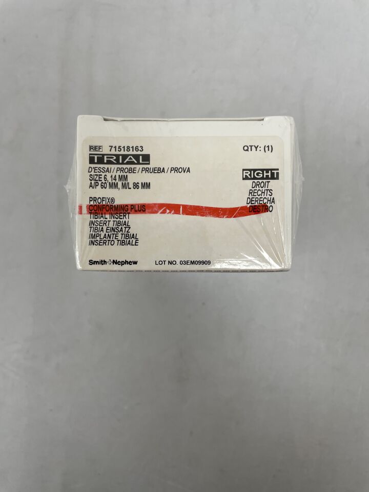 71518163 - SMITH &amp; NEPHEW - Inserto tibial TRIAL PROFIX Conforming Plus, tamaño 6, 14 mm, derecho, (BX/1) - (Fecha de caducidad: 2099-12-31)