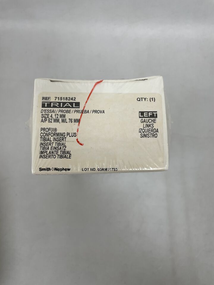 71518242 - SMITH &amp; NEPHEW - Inserto tibial TRIAL PROFIX Conforming Plus, tamaño 4, 12 mm, izquierdo, (BX/1) - (Fecha de caducidad: 2099-12-31)