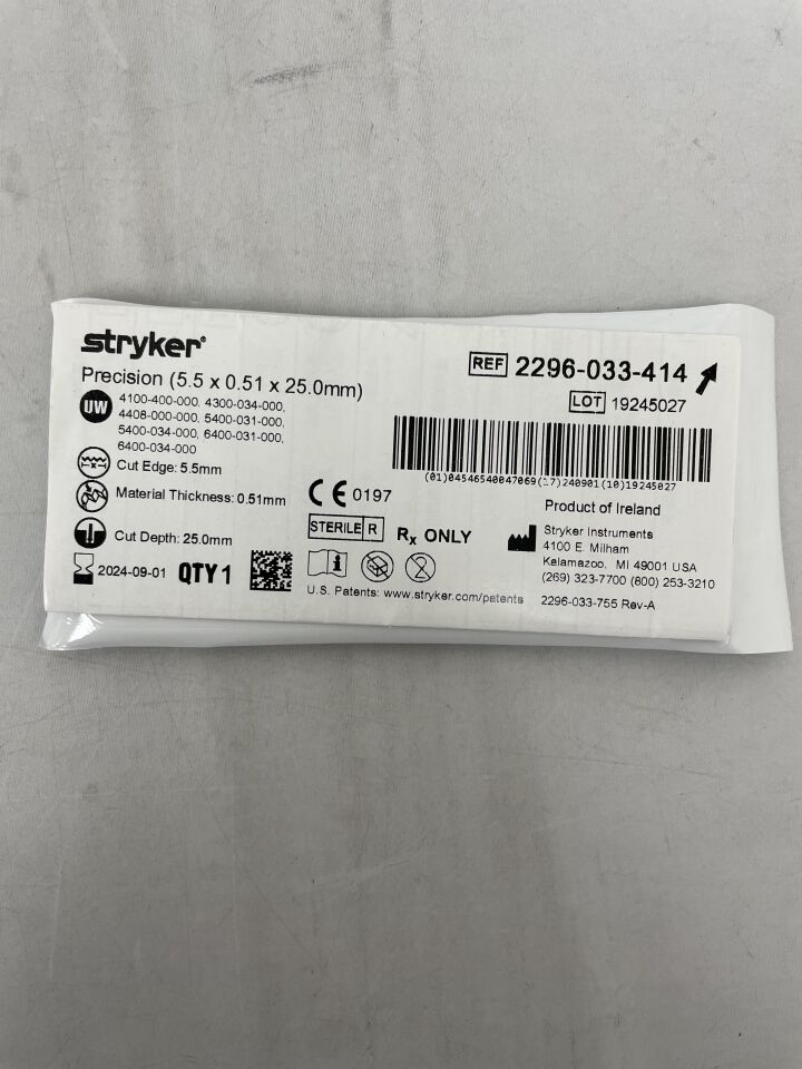 2296-033-414 - STRYKER - Thick Micro Oscillating/Sagittal Saw Blade, 25 L x 5.5 mm, () - ( Expiry Date: 2024-09-01 )