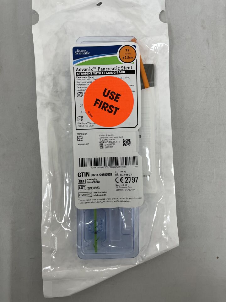 3658 - BOSTON SCIENTIFIC - Advanix Pancreatic Stent - Straight with Leading Barb - 7Fr x 13cm, (EA) - ( Expiry Date: 2023-08-23 )