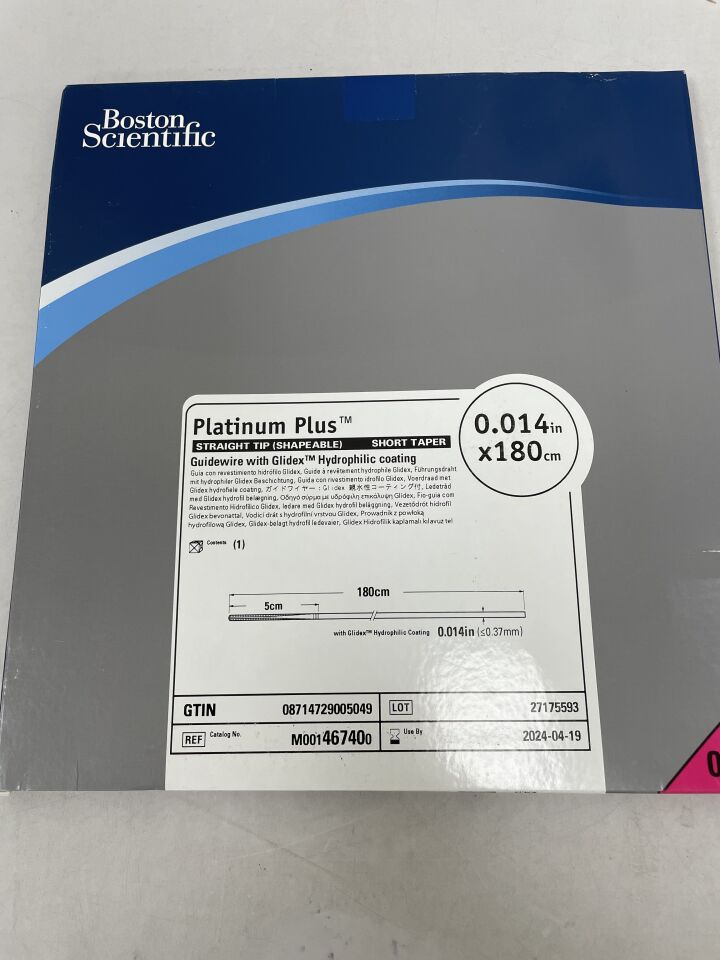 46740 - BOSTON SCIENTIFIC - Platinum Plus Guidewire - Glidex Hydrophilic Coating - Straight Tip (Shapeable), Short Taper - .014" x 180cm, (BX/1) - ( Expiry Date: 2024-04-19 )