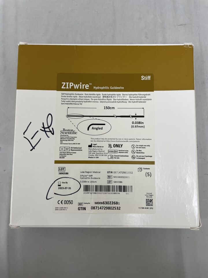 630226B - BOSTON SCIENTIFIC - ZIPwire HYDROPHOLIC GUIDEWIRE, stiff, angled, 0.025inch diameter x 150cm, (BX/5) - ( Expiry Date: 2023-07-31 )