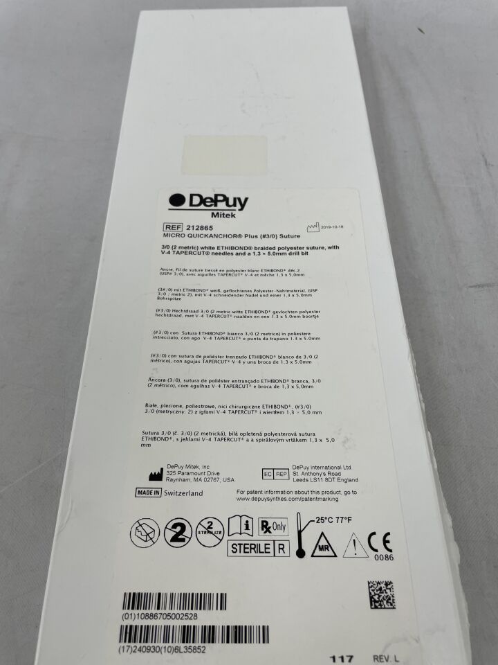 212865 - DEPUY - Micro Quickanchor Plus White Ethibond Braided Polyester Suture, Size 3-0,V-4 needle, (BX/1) - ( Expiry Date: 2024-09-30 )
