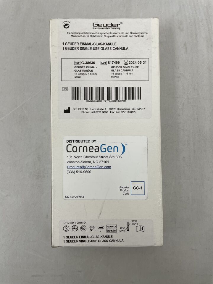 G-38636 - GEUDER - Single Use Glass Cannula, 16 G x 1.6mm, (BX/1) - ( Expiry Date: 2024-05-31 )
