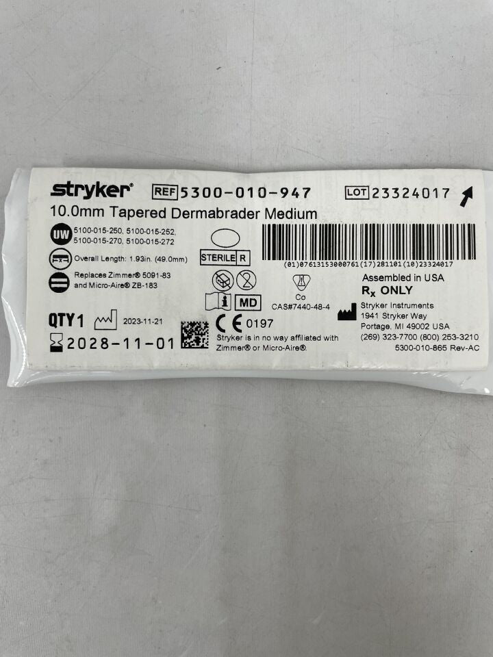 5300-010-947  -  STRYKER  -  Dermabrader 10mm x 49mm Tapered Medium , ( EA )  -  ( Expiry Date : 2028-11-01 )